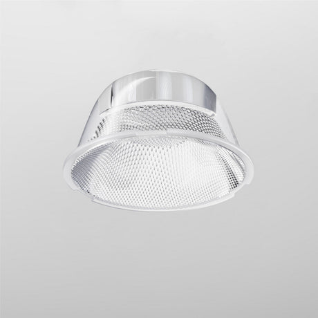 A close-up of a modern, circular ceiling light fixture with a metallic frame and textured, translucent cover shows its soft white light against a grey background. Its ambient lighting beautifully complements the setting, similar to the Focus LED Track Light Lens ⌀43mm 50°.