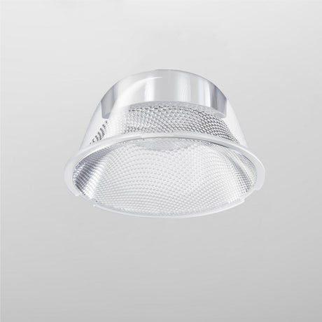 Suspended against a plain gray background, the metallic Focus LED Track Light Lens ⌀55mm 24° features a textured surface and wide circular shape with reflective interior, enhancing its sleek and modern design for effective task lighting.