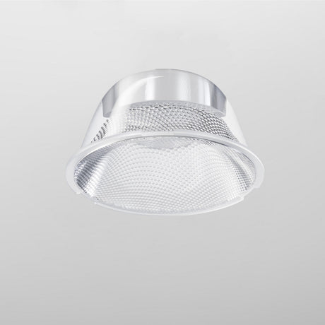 The Focus LED Track Light Lens ⌀55mm 50° is a modern, silver recessed ceiling light with a textured, reflective surface and ambient lighting. It features a smooth edge, circular design, and offers a sophisticated 50° beam angle for enhanced illumination against a plain gray background.