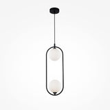 The Ring 2 Light Pendant showcases a sleek black oval frame with two white glass spheres, suspended from a black ceiling mount against a crisp white backdrop.