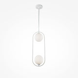 The Ring 2 Light Pendant features a sleek, modern design with two white glass spheres in a vertical oval frame, offering versatile ambient light. It hangs from a thin cord and attaches to a round ceiling mount, all in pristine white.