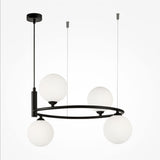 The Ring 4 Light Circular Suspension features a modern chandelier and pendant light with a circular black metal frame, four round white glass globes, and two thin wires, boasting a minimalist and sleek design.