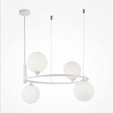 The Ring 4 Light Circular Suspension - White With White Glass features a minimalist design with four spherical white glass diffusers on a circular white frame, anchored to the ceiling by three thin black cables and a central fixture against a white backdrop.