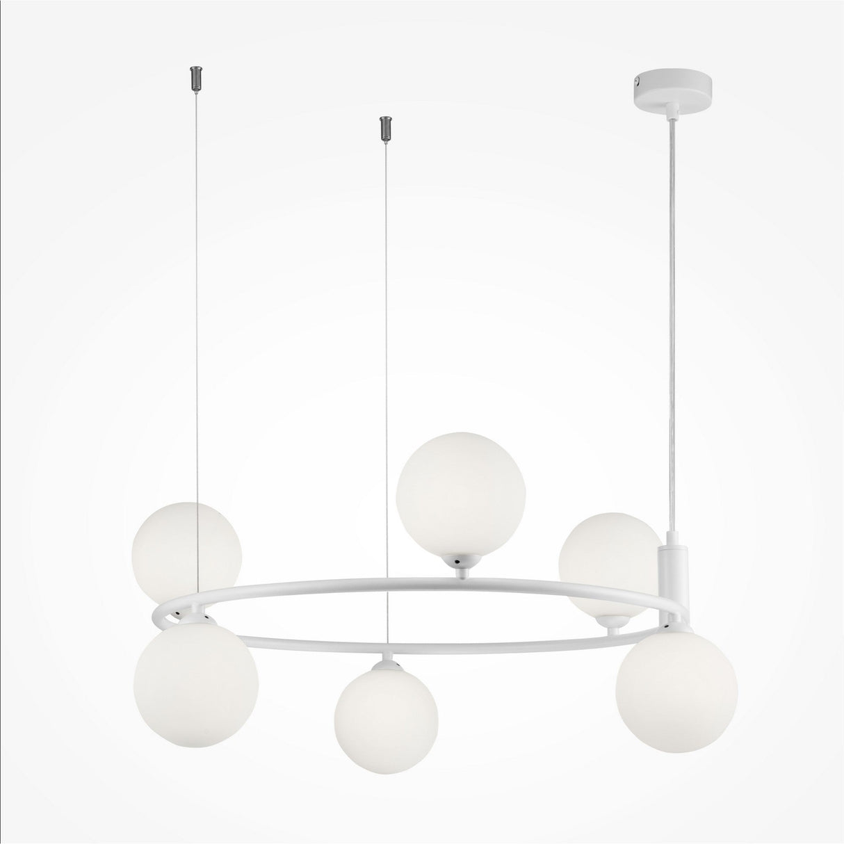 The Ring 6 Light Circular Suspension features six spherical white lamps on a circular frame, with adjustable height via three cables and a central wire, all in a minimalist design.
