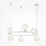 The Ring 6 Light Circular Suspension features six spherical white lamps on a circular frame, with adjustable height via three cables and a central wire, all in a minimalist design.