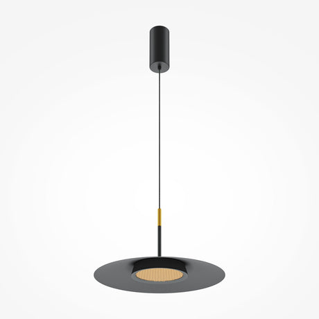 The El LED Round Tablet Pendant Light in black features a modern minimalist design with a cylindrical canopy, slim cable, round flat shade, and energy-efficient LED. The shades center is elegantly detailed with a circular, gold-colored texture.