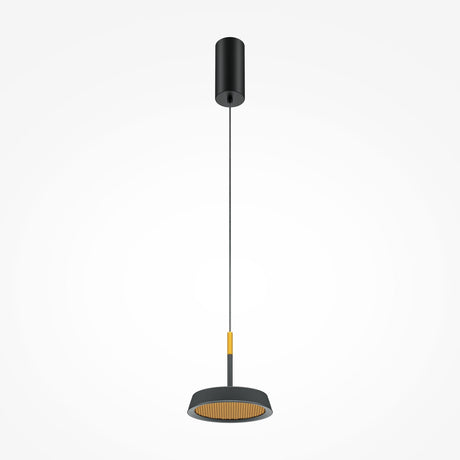 The El LED Round Tablet Pendant Light boasts a sleek black ceiling mount and cylindrical shade with a gold lining, suspended by a thin cord. This elegant and modern lighting piece enhances any interior with simplicity against a white background.