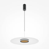 The El LED Round Tablet Pendant Light - White With Plate features an energy-efficient, modern design with a round white shade, cylindrical black top, ribbed texture, and central circular opening. Its elegantly suspended by a thin black cord for contemporary style.