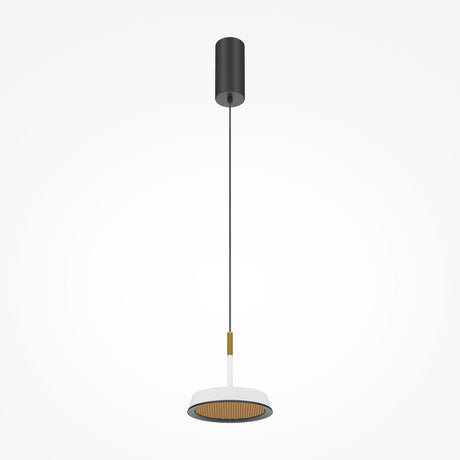 The El LED Round Tablet Pendant Light is a modern interiors marvel, featuring a black cylindrical ceiling mount, slender cable, and a white lamp with a gold interior. Its sleek, minimalistic design provides ambient lighting for any space.