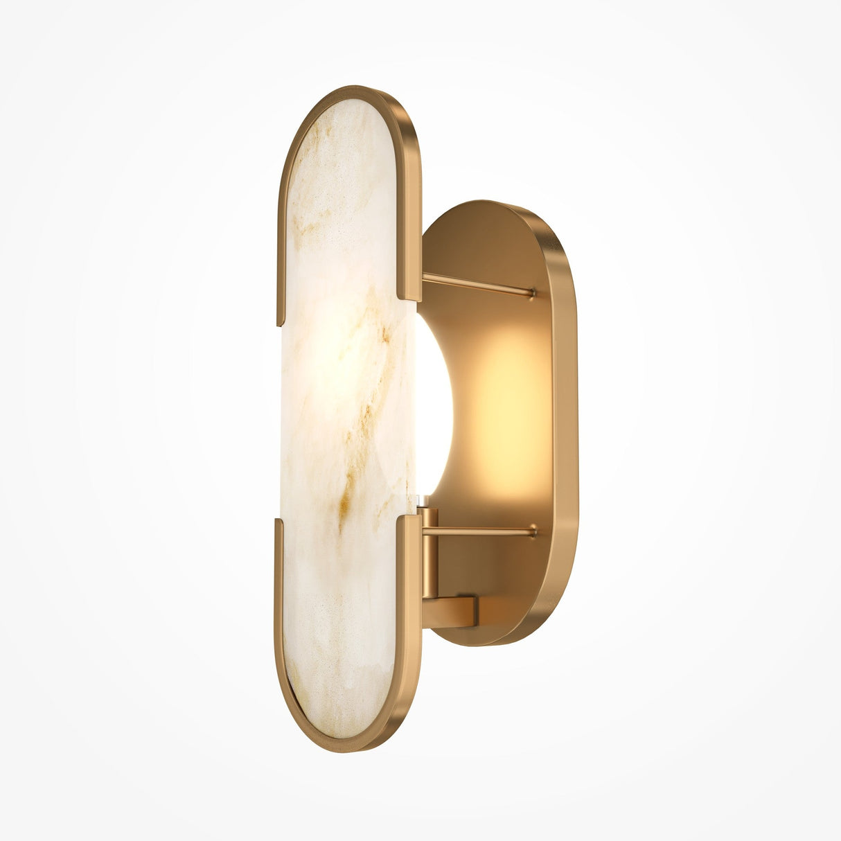 The Marmo Wall Light combines a gold metallic frame with frosted glass, emitting warm light through its textured panel. Its elegant design features smooth, rounded edges and a vertical orientation, allowing the glow to softly emanate from the stylish and modern fixture.