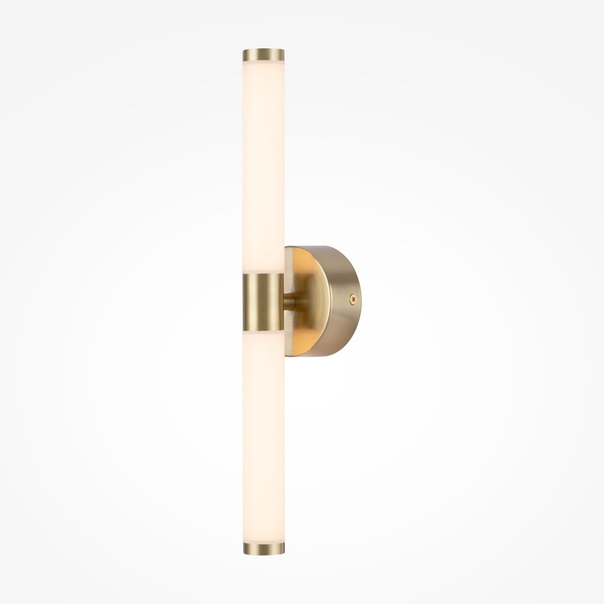 The Axis LED Wall Light 10W 3000K - Gold features a minimalist cylindrical design with a gold finish. It has a vertical orientation, showcasing two frosted light elements extending from a central circular mount against a plain white background.