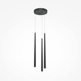 Explore the Cascade CCT Pendant Light, a sleek modern design with three elongated vertical black rods featuring dimmable 19W LED lights and adjustable 3000-4000K settings, perfect for creating a minimalist look against a white background.