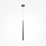 The Cascade Dimmable LED Single Pendant Light in black boasts a sleek, tapered design with dimmable technology. Hanging from a thin cord attached to a round ceiling fixture, it combines minimalist style with energy efficiency and stands out against a white background.