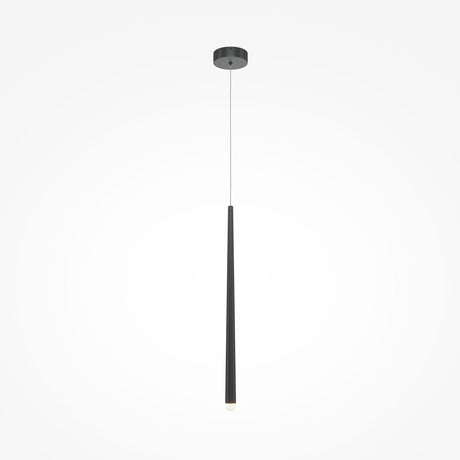 The Cascade Dimmable LED Single Pendant Light in black boasts a sleek, tapered design with dimmable technology. Hanging from a thin cord attached to a round ceiling fixture, it combines minimalist style with energy efficiency and stands out against a white background.
