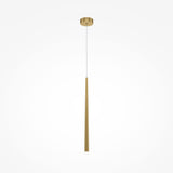 The Cascade Dimmable LED Single Pendant Light - Brass features a sleek, modern design with a long, slender gold-colored body and brass finish. It hangs on a thin wire and showcases a smooth, tapered form that emits light from the bottom end with dimmable functionality for perfect ambiance.