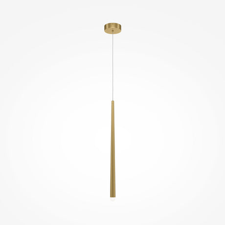 The Cascade Dimmable LED Single Pendant Light - Brass features a sleek, modern design with a long, slender gold-colored body and brass finish. It hangs on a thin wire and showcases a smooth, tapered form that emits light from the bottom end with dimmable functionality for perfect ambiance.
