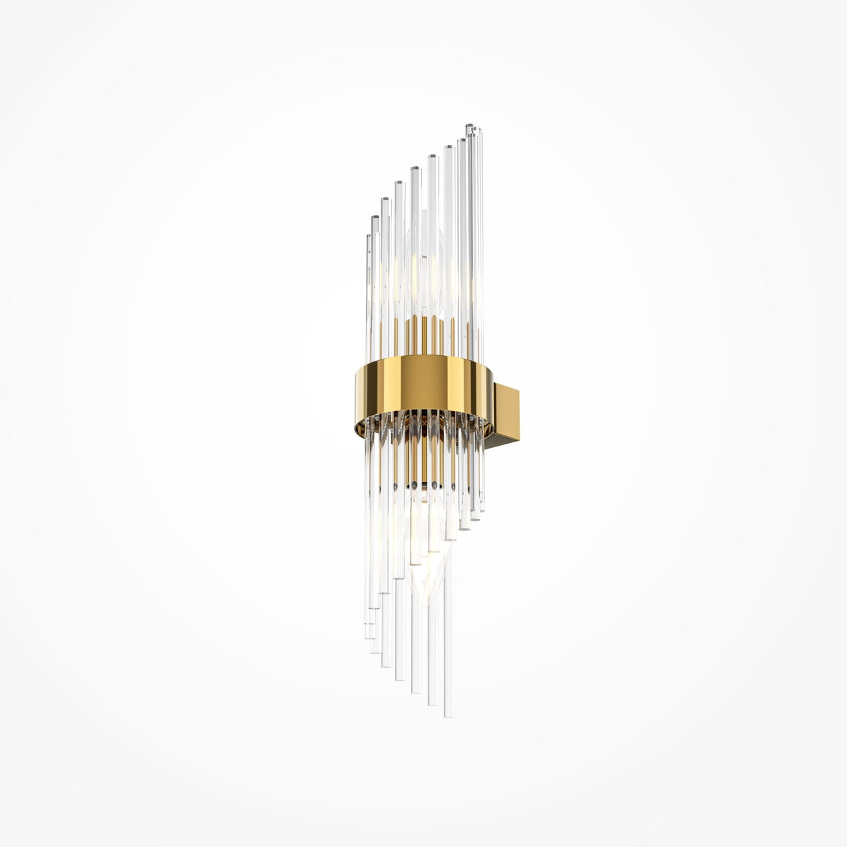 The Frame Up & Down Wall Light in gold is a modern wall sconce with slender vertical glass rods on a central golden cylinder, creating a cascading design. This elegant lighting piece is mounted on a plain white background for timeless appeal.