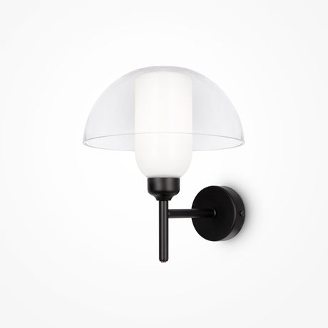 The Memory Wall Light - Black With White Glass Diffuser is a modern wall lamp featuring an opal white glass diffuser and a cylindrical bulb encased in a transparent dome-shaped shade.