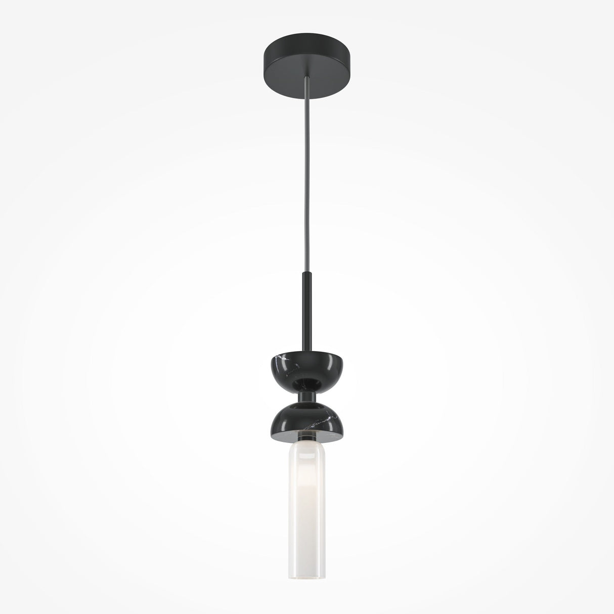 The Kyoto Pendant Light - Black & Black Marble Base features a modern black design with a glossy finish, straight rod, and rounded cover. Its cylindrical bulb elegantly illuminates against a plain white wall, offering customizable lighting for any space.