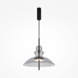 The Bangkok LED Pendant Light 40cm features a sleek black metal rod and grey glass shade shaped like two spheres above a wide cone, part of our modern lighting collection. It hangs elegantly with a cylindrical mount.
