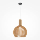 The Roots Pendant Light 45cm features a beige wooden globe dome shade with vertical slats, suspended from a black cord, creating an open, airy design reminiscent of a cage or lantern against a plain white background.