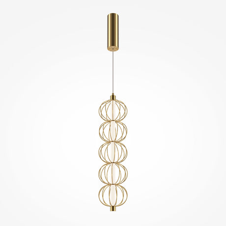 The Golden Cage LED Pendant Light - Gold With Wire Spheres features a modern gold finish with stacked wire spheres, suspended by a cable from a cylindrical ceiling mount. It incorporates energy-efficient LED technology for an elegant and sustainable lighting solution.