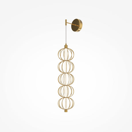 The Golden Cage LED Wall Light - Gold With Wire Spheres is a modern, artistic wall-mounted fixture featuring gold wire cages in a vertical row. It provides energy-efficient lighting with an elegant design on a white background.