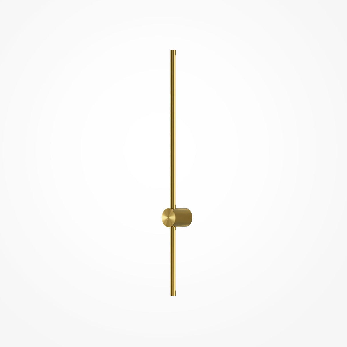 The Light Stick LED Wall Light 10W 3000K in brass features a minimalist design with a vertical and shorter horizontal rod intersecting at the center, creating an elegant golden glow on a plain white backdrop.