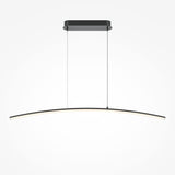 The Light Reflection LED Dimmable Linear Suspension Light features a curved horizontal bar hung by two thin wires from a rectangular base. Its sleek, minimalist black finish and adjustable 3000-4000K color temperature create a striking contrast against a plain white background.