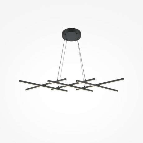 The Halo Dimmable LED Suspension Light (3000-4000K) features a modern geometric design with four intersecting horizontal bars and a circular ceiling mount. This minimalist black LED chandelier emits energy-efficient, dimmable lighting.