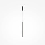The Halo Dimmable LED Short Slim Pendant Light 11W 3000-4000K in black features a minimalist design with a thin vertical rod suspended by a slender cable from a small, cylindrical ceiling mount on a white background, offering energy-efficient lighting for modern spaces.