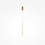 The Halo Dimmable LED Short Slim Pendant Light in brass, featuring an 11W power and adjustable 2600-3500K color temperature, boasts a sleek cylindrical design on a thin wire with a round ceiling mount against a white background, adding energy-efficient elegance to any space.