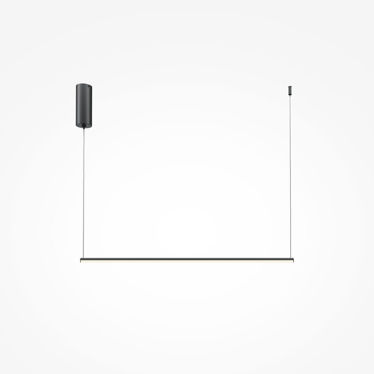 The Halo Dimmable LED Short Linear Suspension Light in black offers a sleek, minimalist design with energy-efficient illumination. Featuring dimmable LED lighting, it hangs horizontally as a slim rod suspended from two thin wires attached to a cylindrical fixture.