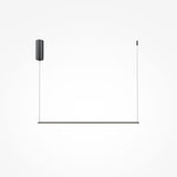 The Halo Dimmable LED Short Linear Suspension Light in black offers a sleek, minimalist design with energy-efficient illumination. Featuring dimmable LED lighting, it hangs horizontally as a slim rod suspended from two thin wires attached to a cylindrical fixture.
