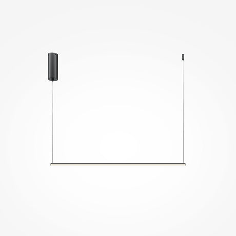 The Halo Dimmable LED Short Linear Suspension Light in black offers a sleek, minimalist design with energy-efficient illumination. Featuring dimmable LED lighting, it hangs horizontally as a slim rod suspended from two thin wires attached to a cylindrical fixture.
