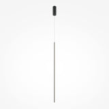The Halo Dimmable LED Long Slim Pendant Light features a minimalist, elongated design with a dark upper portion and slender rod, creating a sleek, modern lighting effect against a plain white background. .