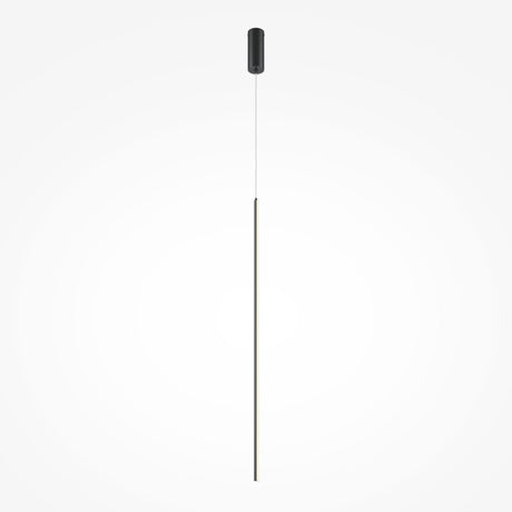 The Halo Dimmable LED Long Slim Pendant Light features a minimalist, elongated design with a dark upper portion and slender rod, creating a sleek, modern lighting effect against a plain white background. .