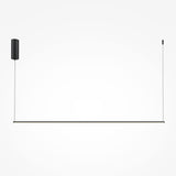 The Halo Dimmable LED Long Linear Suspension Light 3000-4000K - Black features a minimalist design with a slim horizontal rod in black aluminum, suspended by two cables. The left cable attaches to a cylindrical ceiling mount, while the right connects to a smaller fixture.