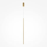 The Halo Dimmable LED Long Slim Pendant Light (15W, 2600-3500K) in brass features a minimalist design, hanging from a thin wire attached to a small cylindrical ceiling fixture. Its dimmable for versatile lighting options against a plain white background.