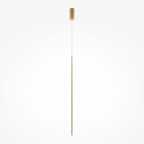 The Halo Dimmable LED Long Slim Pendant Light (15W, 2600-3500K) in brass features a minimalist design, hanging from a thin wire attached to a small cylindrical ceiling fixture. Its dimmable for versatile lighting options against a plain white background.