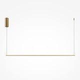 The Halo Dimmable LED Long Linear Suspension Light in Brass, with a color temperature of 2600-3500K, features a minimalist design. It includes a cylindrical base and thin horizontal rod connected to the ceiling mount by two wires, offering a sleek modern look against a plain white background.