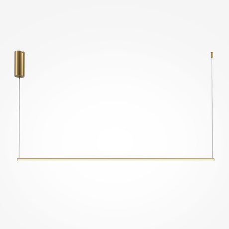 The Halo Dimmable LED Long Linear Suspension Light in Brass, with a color temperature of 2600-3500K, features a minimalist design. It includes a cylindrical base and thin horizontal rod connected to the ceiling mount by two wires, offering a sleek modern look against a plain white background.