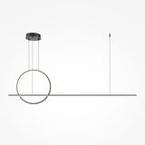 The Halo Dimmable LED Linear Circle Suspension Light in black features a modern, geometric design with a circular ring and intersecting horizontal line. It hangs with thin cables from a small round base, against a white background. Its adjustable height allows versatile placement from 3000-4000K.
