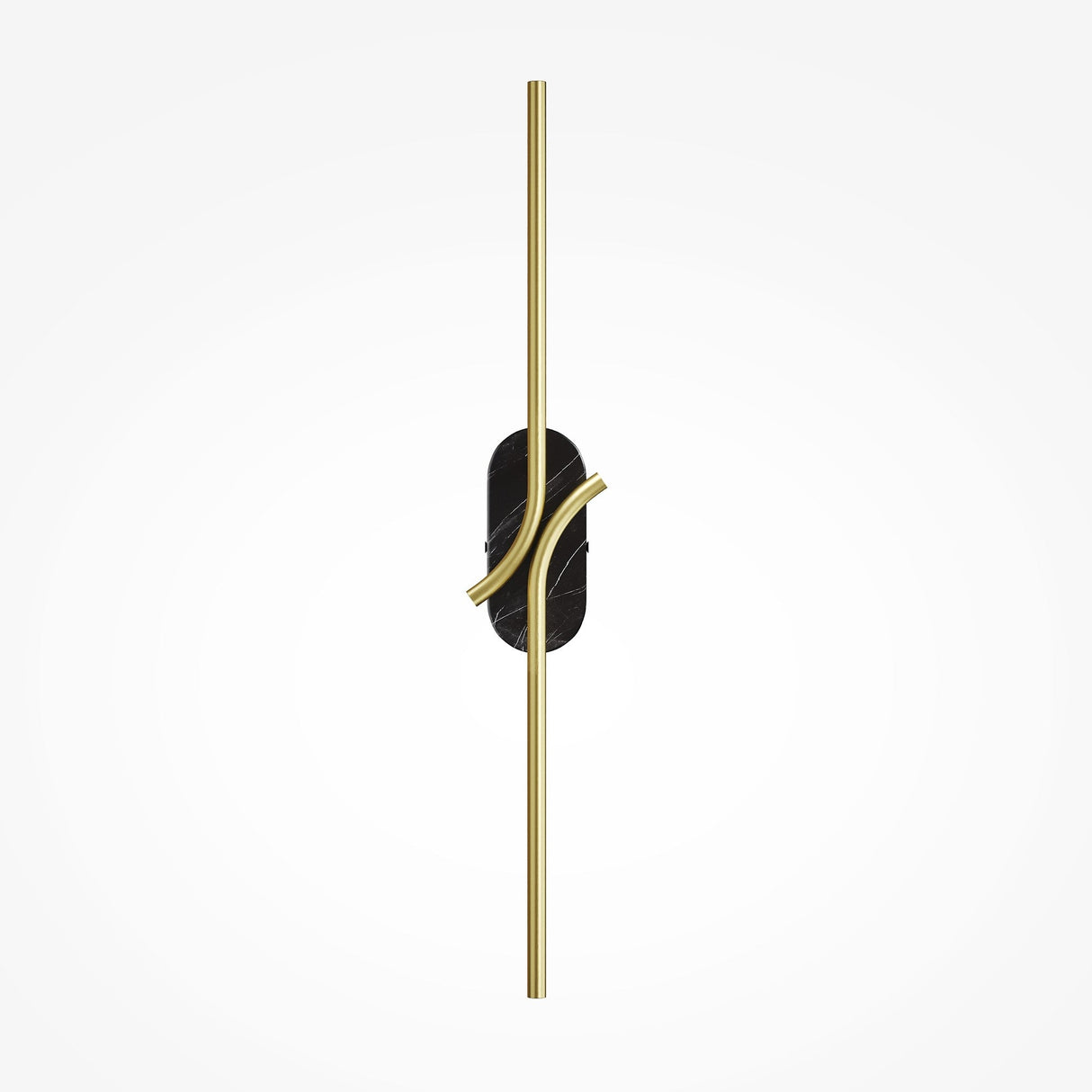 The Renaissance LED Wall Light - Brass & Black Marble features a vertical, streamlined design with a brass finish and central black marble oval. Its sleek arms extend in both directions, highlighting an energy-efficient LED that embodies modern minimalism against a white backdrop.