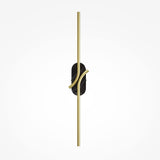 The Renaissance LED Wall Light - Brass & Black Marble features a vertical, streamlined design with a brass finish and central black marble oval. Its sleek arms extend in both directions, highlighting an energy-efficient LED that embodies modern minimalism against a white backdrop.
