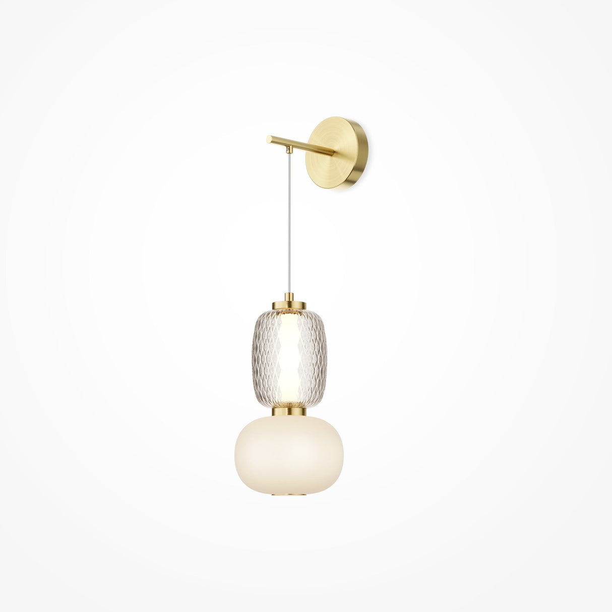 The Pattern LED Wall Light - Gold has a modern design with a gold metal base, vertical rod, and textured glass bulb holder. It features a frosted globe shade for energy-efficient illumination against a white backdrop.