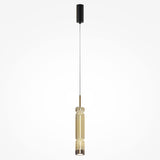 The Ordo LED Short Pendant Light features a black ceiling fixture with ribbed, translucent cognac cylindrical glass and is suspended by a thin cord against a plain white background.