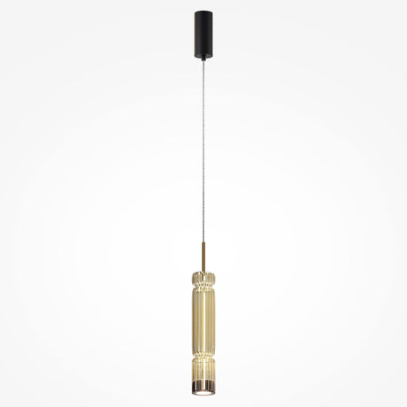 The Ordo LED Short Pendant Light features a black ceiling fixture with ribbed, translucent cognac cylindrical glass and is suspended by a thin cord against a plain white background.