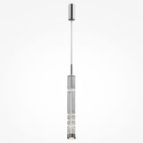 The Ordo LED Long Pendant Light in chrome and clear cylindrical glass exudes modern elegance. Its sleek metallic design features a central bulb suspended by a thin cord, creating a striking statement against the plain white background.