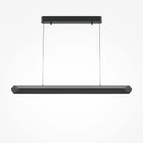 The Motion LED Dimmable Linear Suspension Light in black features a sleek design, hanging from a rectangular ceiling mount by two thin cables, providing energy-efficient lighting against a white background.